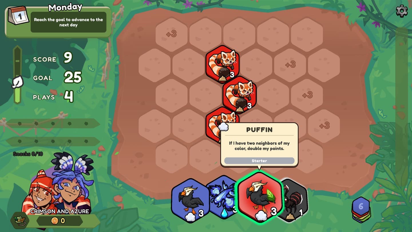 Official Zoominoes screenshot showing a Monday board, a chain of Puffin animal tiles, and several animal tiles in the player's hand.